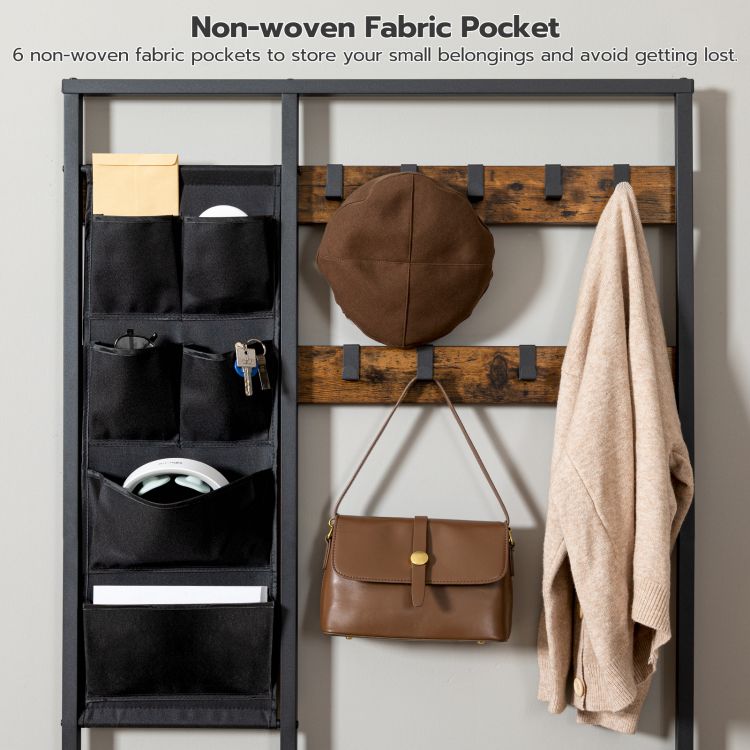 HOOBRO Garderobenständer, Garderobe, Kleiderständer mit 6 staschen und 9 Haken, Schuhregal mit Sitzfläche, Sitzbank, Viel Stauraum, für Flur, Wohnzimmer