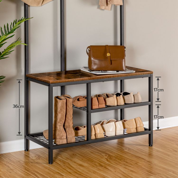 HOOBRO Garderobenständer, Garderobe, Kleiderständer mit 6 staschen und 9 Haken, Schuhregal mit Sitzfläche, Sitzbank, Viel Stauraum, für Flur, Wohnzimmer