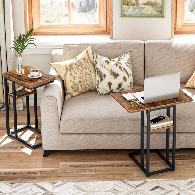 HOOBRO C-Form Beistelltisch, Klappbarer Sofatisch, Couchtisch, Kaffeetisch Snacktisch mit Lagerregal, Schmaler Nachttisch für Wohnzimmer, Schlafzimmer, Metallrahmen