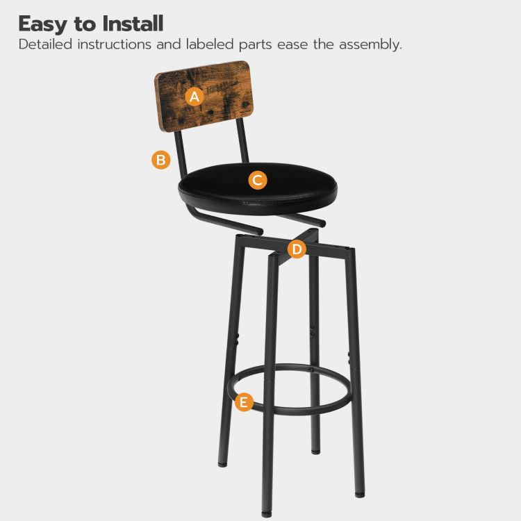 HOOBRO Barhocker 2er-Set mit Rückenlehne, Barstühle mit PU-Lederpolsterung, Küchenstühle mit Fußstütze, für Küche, Wohnzimmer, Bar, einfache Montage