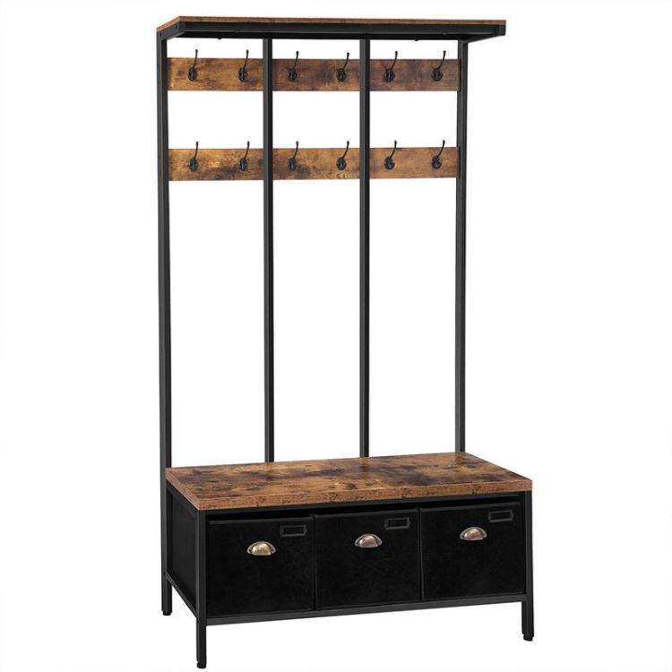 HOOBRO Garderobenständer, Große Garderobe, Kleiderständer mit 12 Haken, Sitzfläche mit 3 Aufbewahrungsbox, Schuhbank, Stabil, Industrie, für Eingangsbereich, Wohnzimmer, Schlafzimmer