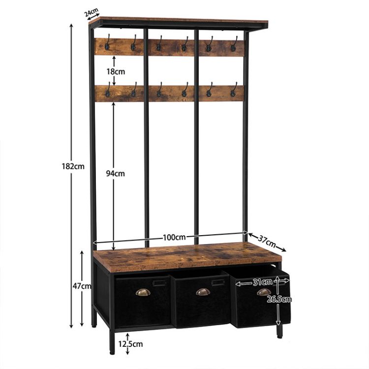 HOOBRO Garderobenständer, Große Garderobe, Kleiderständer mit 12 Haken, Sitzfläche mit 3 Aufbewahrungsbox, Schuhbank, Stabil, Industrie, für Eingangsbereich, Wohnzimmer, Schlafzimmer
