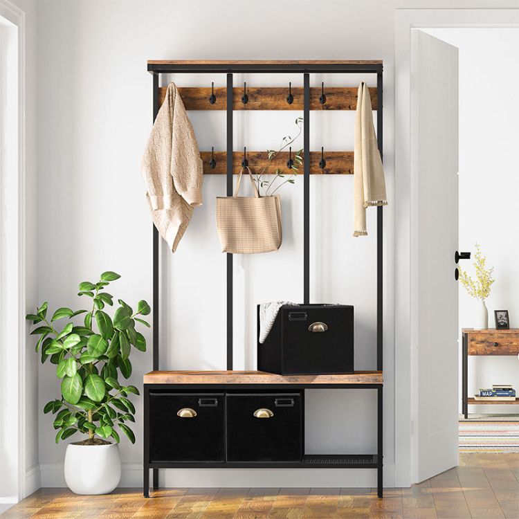HOOBRO Garderobenständer, Große Garderobe, Kleiderständer mit 12 Haken, Sitzfläche mit 3 Aufbewahrungsbox, Schuhbank, Stabil, Industrie, für Eingangsbereich, Wohnzimmer, Schlafzimmer