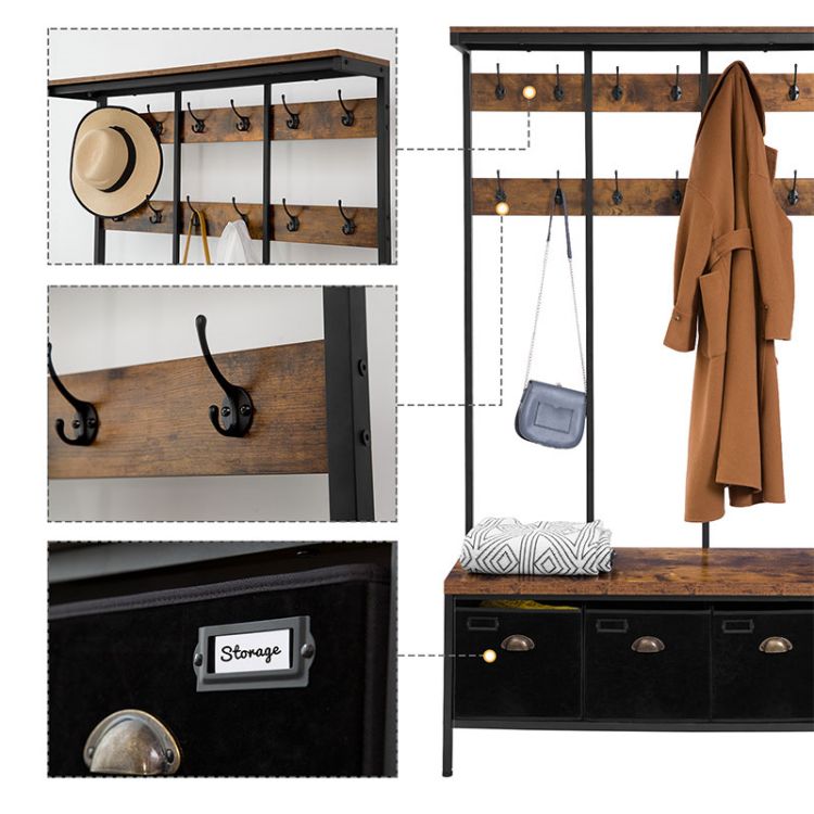 HOOBRO Garderobenständer, Große Garderobe, Kleiderständer mit 12 Haken, Sitzfläche mit 3 Aufbewahrungsbox, Schuhbank, Stabil, Industrie, für Eingangsbereich, Wohnzimmer, Schlafzimmer
