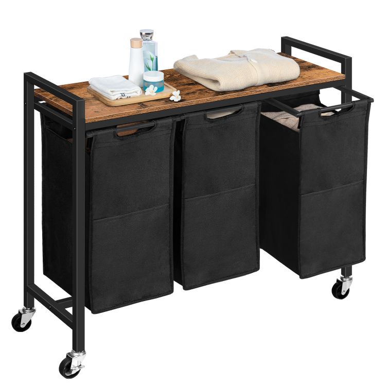 HOOBRO Wäschekorb 3 Fächer, Wäschesammler mit Ablage, Wäschebox, Wäschewagen, 3 x 39,8 L, Wäschesack aus Oxford-Gewebe
