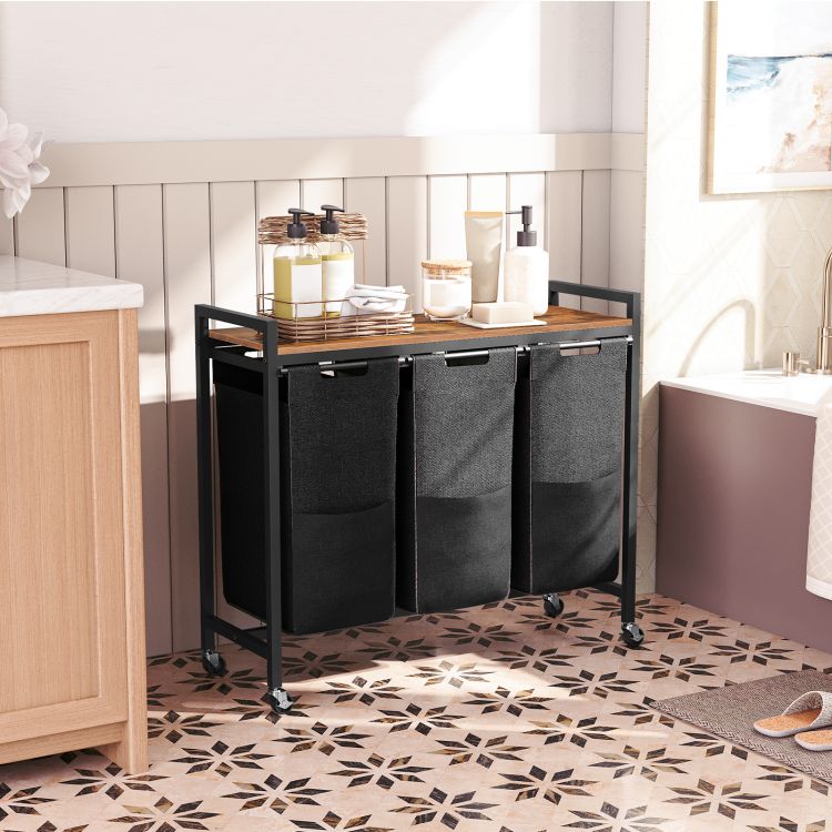 HOOBRO Wäschekorb 3 Fächer, Wäschesammler mit Ablage, Wäschebox, Wäschewagen, 3 x 39,8 L, Wäschesack aus Oxford-Gewebe