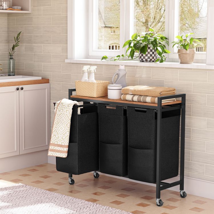 HOOBRO Wäschekorb 3 Fächer, Wäschesammler mit Ablage, Wäschebox, Wäschewagen, 3 x 39,8 L, Wäschesack aus Oxford-Gewebe