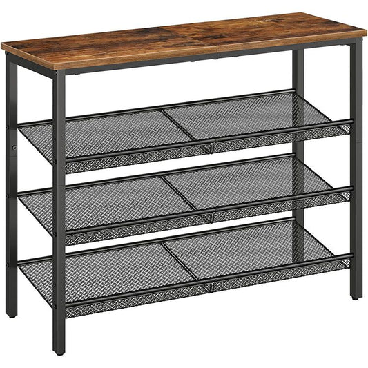 HOOBRO Schuhregal, 4 Schuhablage, Schuhschrank, verstellbares Metallgitterregal, Geräumige Oberseite, für 12-15 Paar Schuhe, Eingang, Korridor, Industrie, vintage