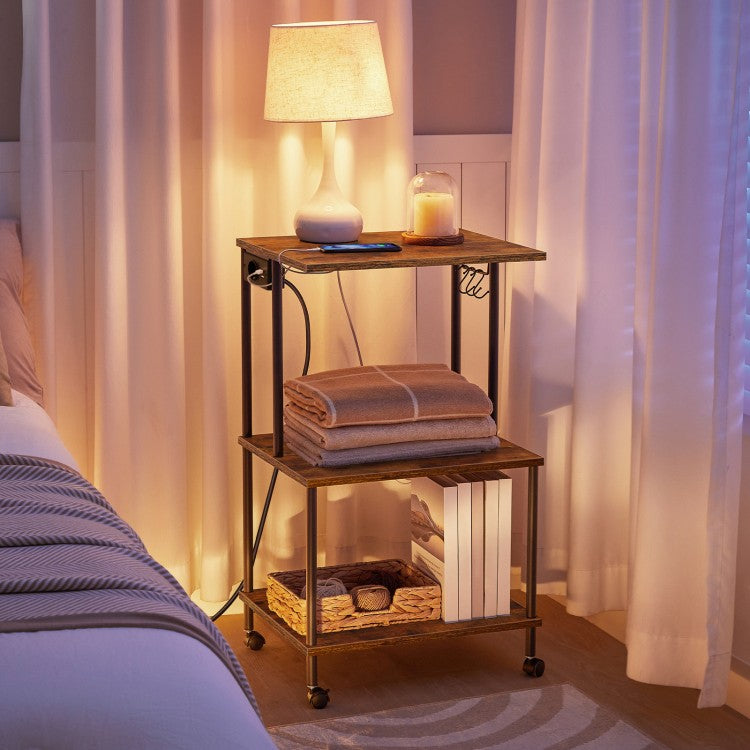 HOOBRO Druckerwagen mit Ladestation, 3 Ebenen, mit Rollen/verstellbaren Füßen, 3 Haken, gegengeschraubte Struktur, für Büro, Wohnzimmer, Küche, Schlafzimmer, Vintagebraun und Schwarz