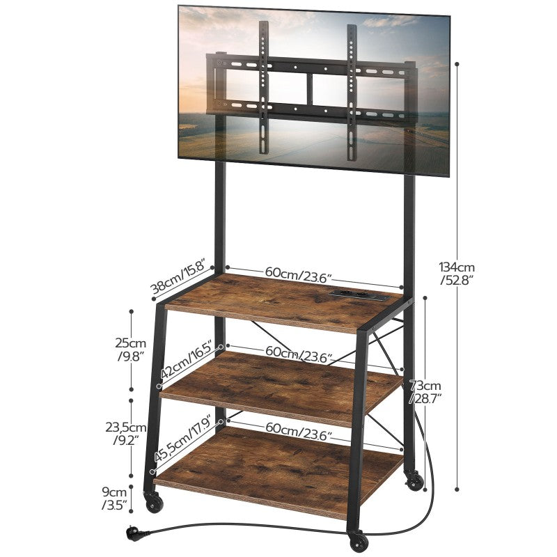 HOOBRO Rollbarer TV-Schrank mit Regalen und Steckdosenleiste, für 32-55 Zoll Bildschirme, Unterhaltungszentrum, TV-Ständer für Wohnzimmer, Schlafzimmer