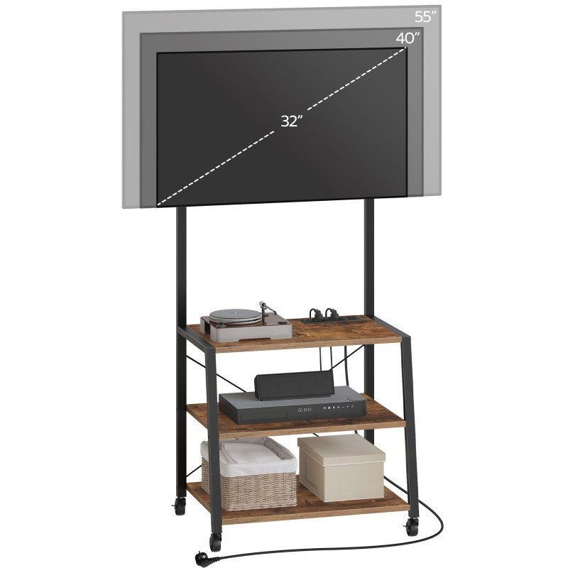 HOOBRO Rollbarer TV-Schrank mit Regalen und Steckdosenleiste, für 32-55 Zoll Bildschirme, Unterhaltungszentrum, TV-Ständer für Wohnzimmer, Schlafzimmer