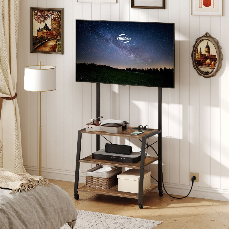 HOOBRO Rollbarer TV-Schrank mit Regalen und Steckdosenleiste, für 32-55 Zoll Bildschirme, Unterhaltungszentrum, TV-Ständer für Wohnzimmer, Schlafzimmer
