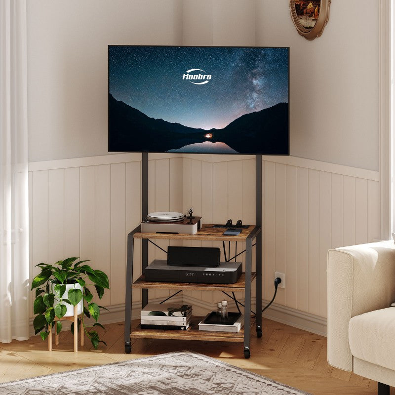 HOOBRO Rollbarer TV-Schrank mit Regalen und Steckdosenleiste, für 32-55 Zoll Bildschirme, Unterhaltungszentrum, TV-Ständer für Wohnzimmer, Schlafzimmer