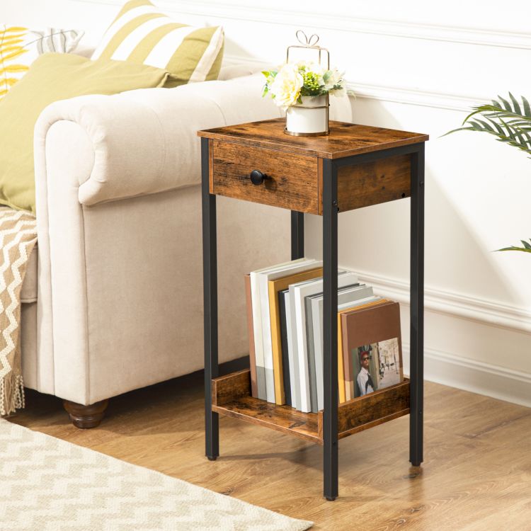 HOOBRO Hoher Beistelltisch, Nachttisch, Sofatisch, Telefontisch mit Schublade und Ablagefläche, Großer Stauraum, Metallgestell, Robust und Stabil, Platzsparend