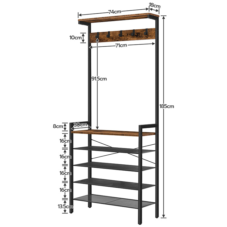 HOOBRO Garderobenständer, 5-lagiges Schuhregal, Garderobe, Kleiderständer mit 5 abnehmbaren Haken, oberer Ablagefläche, Flur, Wohnzimmer