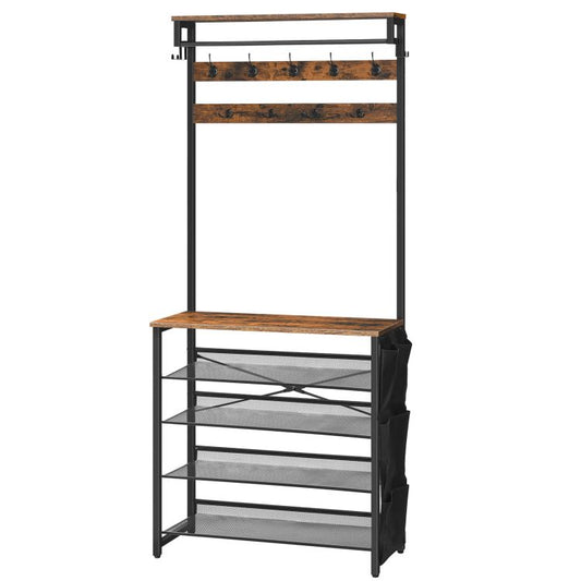 HOOBRO Garderobenständer mit Schuhablage, Schuhregal mit Garderobe, Kleiderständer mit 5 Ebenen Schuhablage, Garderobe mit Schuhschrank, Verstellbares Metallgitterregal