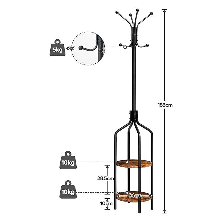 HOOBRO Garderobenständer, Garderobe mit 2 runden Ablagen, Kleiderständer mit 8 Haken, 183 cm Hoch, Industrie-Stil, Stahlgestell, multifunktional, für Kleidung, Schals, Hüte, Taschen