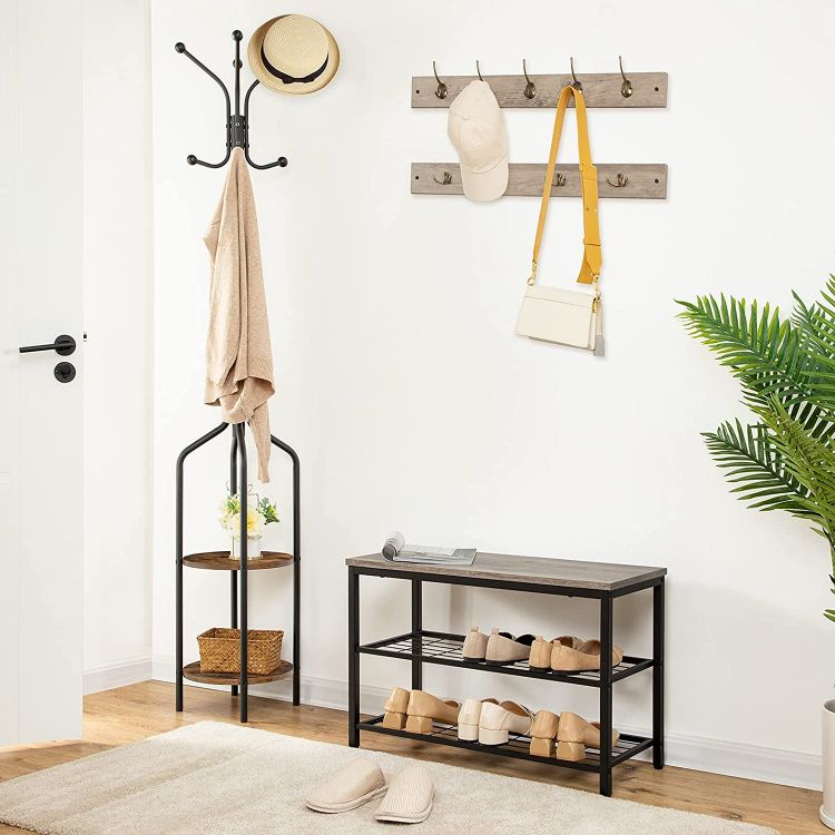 HOOBRO Garderobenständer, Garderobe mit 2 runden Ablagen, Kleiderständer mit 8 Haken, 183 cm Hoch, Industrie-Stil, Stahlgestell, multifunktional, für Kleidung, Schals, Hüte, Taschen