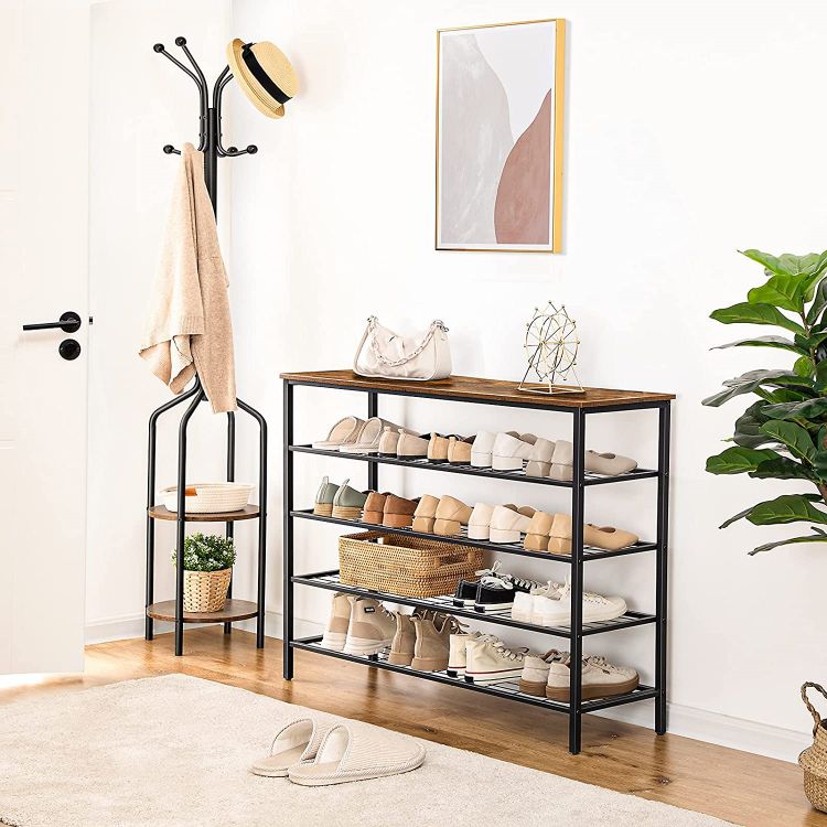 HOOBRO Garderobenständer, Garderobe mit 2 runden Ablagen, Kleiderständer mit 8 Haken, 183 cm Hoch, Industrie-Stil, Stahlgestell, multifunktional, für Kleidung, Schals, Hüte, Taschen