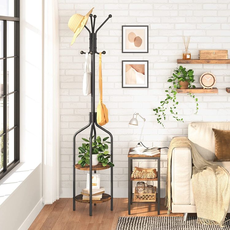 HOOBRO Garderobenständer, Garderobe mit 2 runden Ablagen, Kleiderständer mit 8 Haken, 183 cm Hoch, Industrie-Stil, Stahlgestell, multifunktional, für Kleidung, Schals, Hüte, Taschen