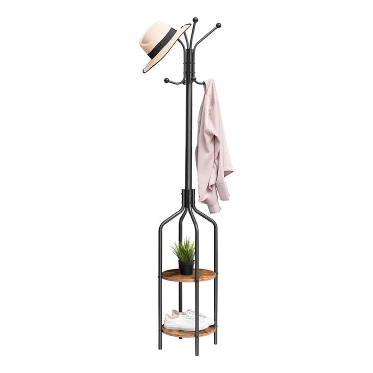 HOOBRO Garderobenständer, Garderobe mit 2 runden Ablagen, Kleiderständer mit 8 Haken, 183 cm Hoch, Industrie-Stil, Stahlgestell, multifunktional, für Kleidung, Schals, Hüte, Taschen
