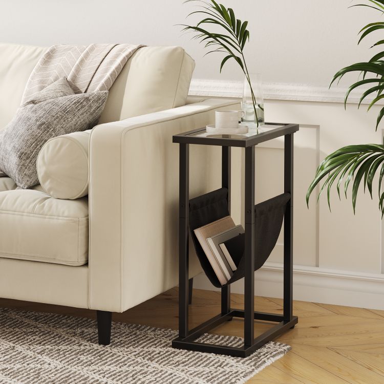 HOOBRO Beistelltisch, schmaler Bett-Beistelltisch, Beistelltisch aus gehärtetem Glas, Kleiner Beistelltisch mit Zeitschriftenhalter, Sofa-Beistelltisch für Wohnzimmer, platzsparend