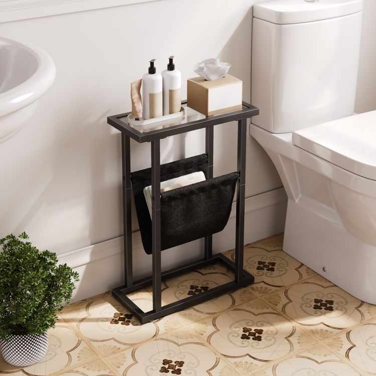 HOOBRO Beistelltisch, schmaler Bett-Beistelltisch, Beistelltisch aus gehärtetem Glas, Kleiner Beistelltisch mit Zeitschriftenhalter, Sofa-Beistelltisch für Wohnzimmer, platzsparend