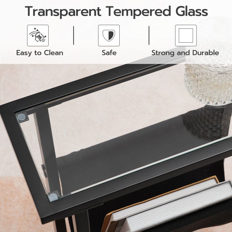 HOOBRO Beistelltisch, schmaler Bett-Beistelltisch, Beistelltisch aus gehärtetem Glas, Kleiner Beistelltisch mit Zeitschriftenhalter, Sofa-Beistelltisch für Wohnzimmer, platzsparend