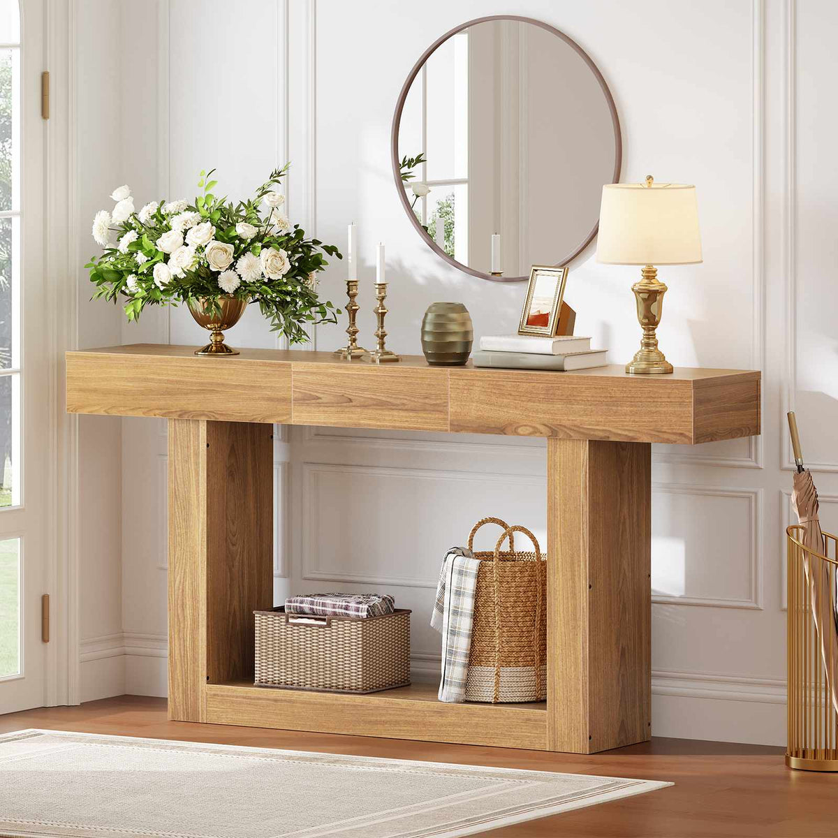 HOOBRO 63 Inch Extendable Farmhouse Console Table with Storage, Entryway Sofa Table