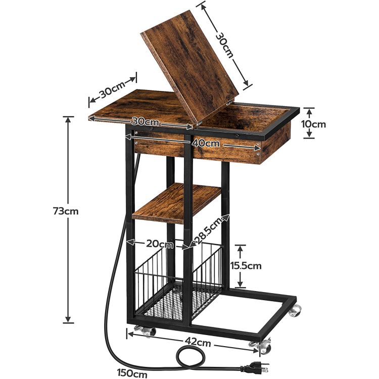 HOOBRO Beistelltisch mit Ladestation, Flip C-Form Sofatisch, Couchtisch mit Rädern und Ablagefläche, Nachttisch für Wohnzimmer, Schlafzimmer