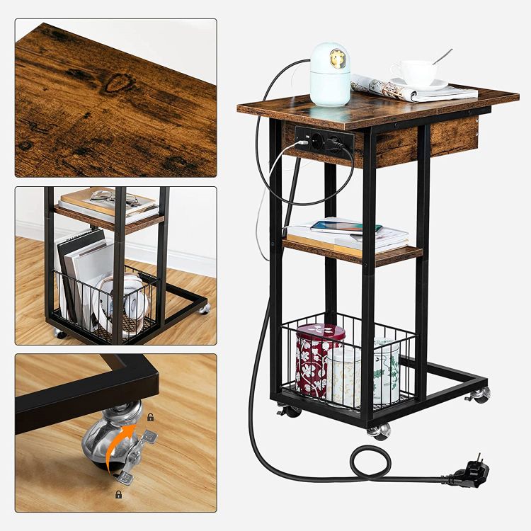 HOOBRO Beistelltisch mit Ladestation, Flip C-Form Sofatisch, Couchtisch mit Rädern und Ablagefläche, Nachttisch für Wohnzimmer, Schlafzimmer