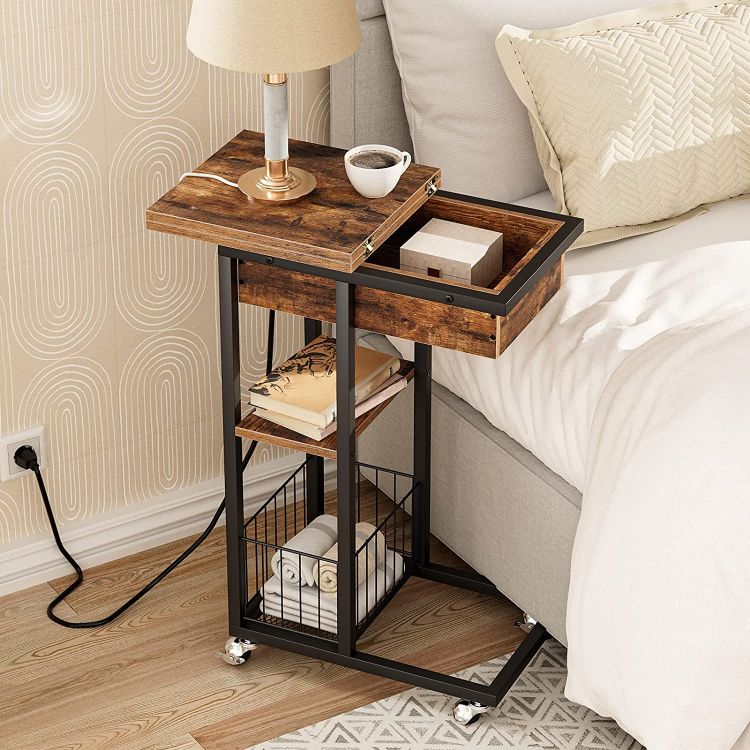 HOOBRO Beistelltisch mit Ladestation, Flip C-Form Sofatisch, Couchtisch mit Rädern und Ablagefläche, Nachttisch für Wohnzimmer, Schlafzimmer