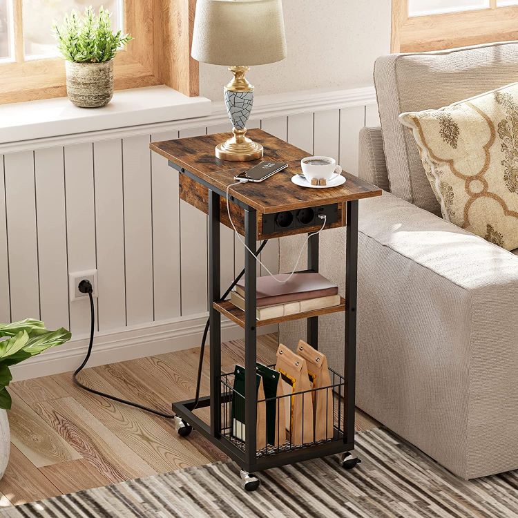 HOOBRO Beistelltisch mit Ladestation, Flip C-Form Sofatisch, Couchtisch mit Rädern und Ablagefläche, Nachttisch für Wohnzimmer, Schlafzimmer