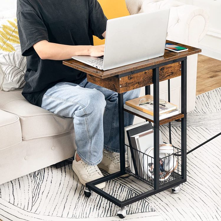 HOOBRO Beistelltisch mit Ladestation, Flip C-Form Sofatisch, Couchtisch mit Rädern und Ablagefläche, Nachttisch für Wohnzimmer, Schlafzimmer
