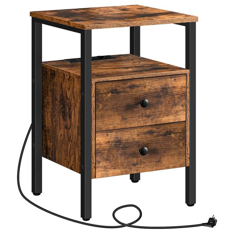 HOOBRO Nachttisch, Couchtisch mit Steckdosen und USB-Anschlüsse, Beistelltisch mit Schubladen und Ablagefläche für kleine Räume, Wohnzimmer, Schlafzimmer, einfach zu montieren