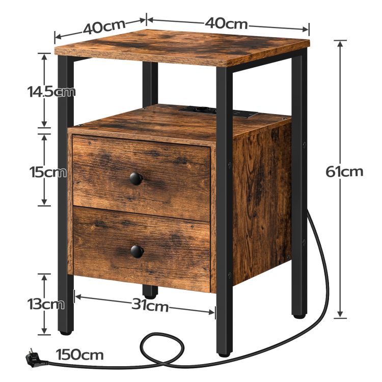 HOOBRO Nachttisch, Couchtisch mit Steckdosen und USB-Anschlüsse, Beistelltisch mit Schubladen und Ablagefläche für kleine Räume, Wohnzimmer, Schlafzimmer, einfach zu montieren