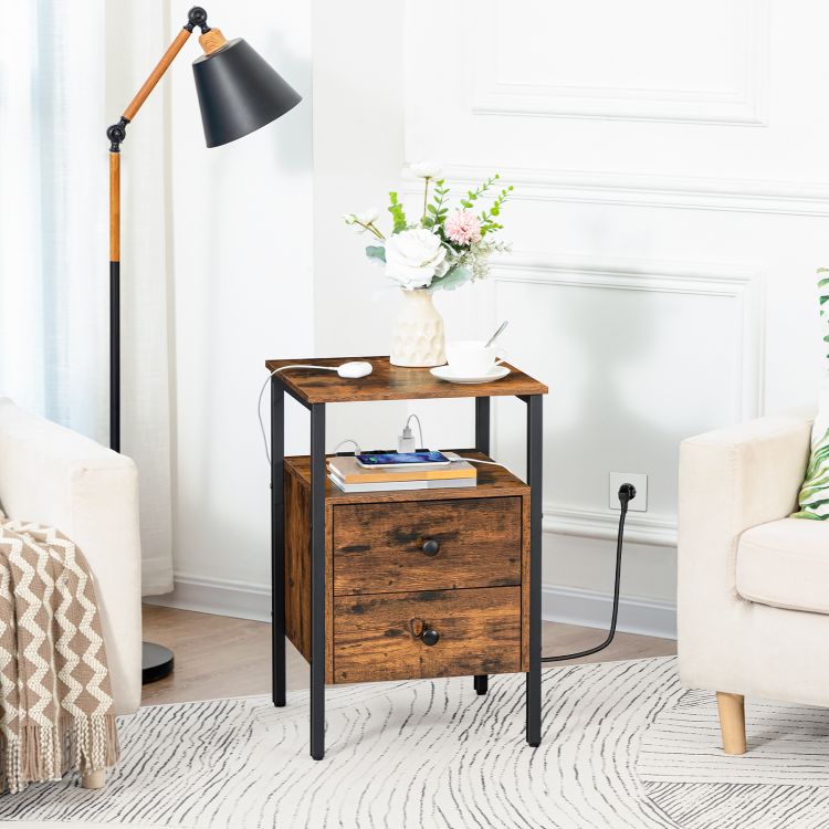 HOOBRO Nachttisch, Couchtisch mit Steckdosen und USB-Anschlüsse, Beistelltisch mit Schubladen und Ablagefläche für kleine Räume, Wohnzimmer, Schlafzimmer, einfach zu montieren