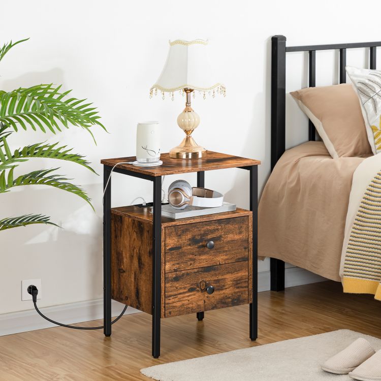 HOOBRO Nachttisch, Couchtisch mit Steckdosen und USB-Anschlüsse, Beistelltisch mit Schubladen und Ablagefläche für kleine Räume, Wohnzimmer, Schlafzimmer, einfach zu montieren