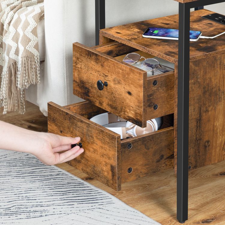 HOOBRO Nachttisch, Couchtisch mit Steckdosen und USB-Anschlüsse, Beistelltisch mit Schubladen und Ablagefläche für kleine Räume, Wohnzimmer, Schlafzimmer, einfach zu montieren