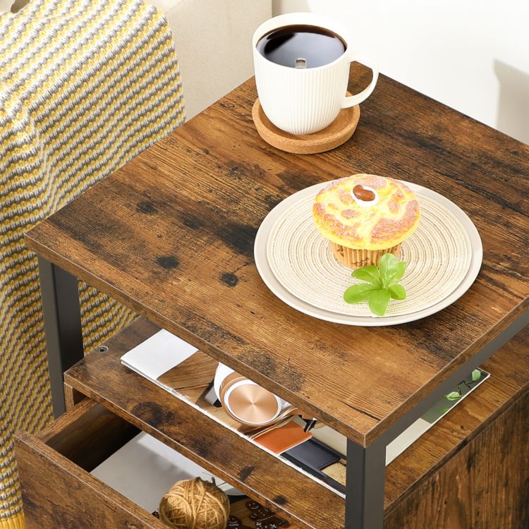 HOOBRO Nachttisch, Couchtisch mit Steckdosen und USB-Anschlüsse, Beistelltisch mit Schubladen und Ablagefläche für kleine Räume, Wohnzimmer, Schlafzimmer, einfach zu montieren