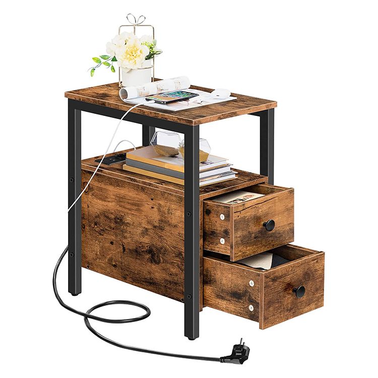 HOOBRO Beistelltisch mit Ladestation, Sofatisch mit 2 Schubladen und USB-Anschluss und Steckdose, Nachttisch für kleine Räume, Stabil und Robust, für Wohnzimmer, Schlafzimmer