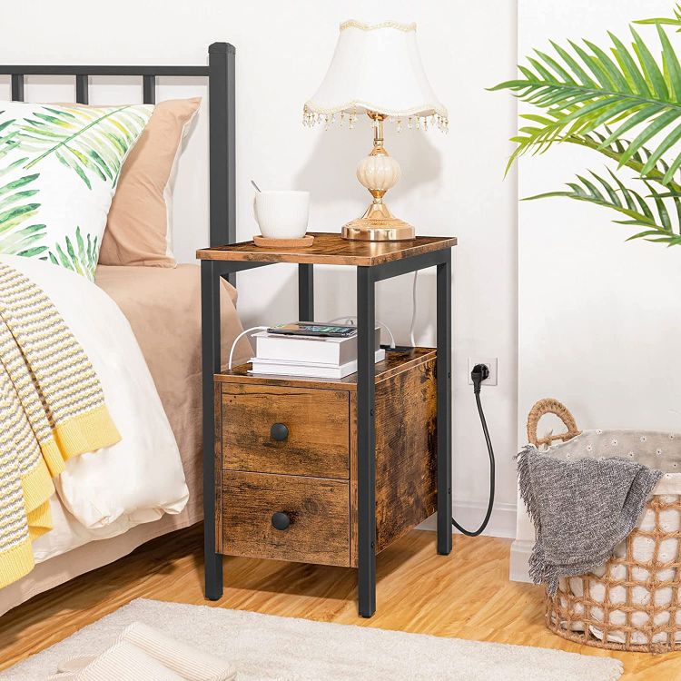 HOOBRO Beistelltisch mit Ladestation, Sofatisch mit 2 Schubladen und USB-Anschluss und Steckdose, Nachttisch für kleine Räume, Stabil und Robust, für Wohnzimmer, Schlafzimmer