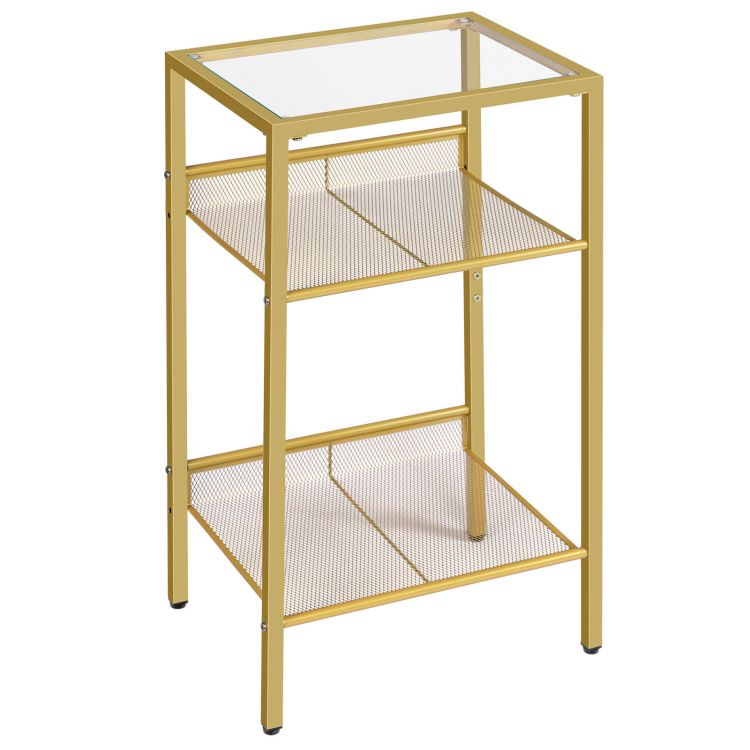 HOOBRO Beistelltisch Gold, Telefontisch, 3-stöckiger Nachttisch mit Platte aus gehärtetem Glas und Gitter, Sofatisch für Wohnzimmer, Schlafzimmer