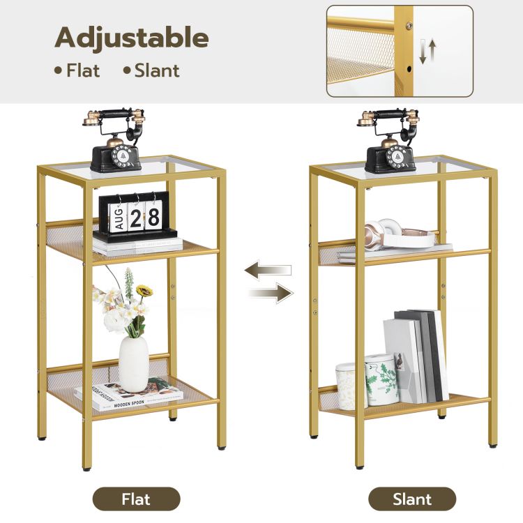 HOOBRO Beistelltisch Gold, Telefontisch, 3-stöckiger Nachttisch mit Platte aus gehärtetem Glas und Gitter, Sofatisch für Wohnzimmer, Schlafzimmer