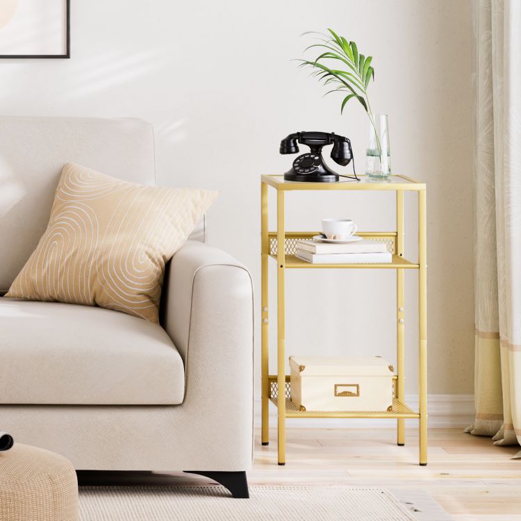 HOOBRO Beistelltisch Gold, Telefontisch, 3-stöckiger Nachttisch mit Platte aus gehärtetem Glas und Gitter, Sofatisch für Wohnzimmer, Schlafzimmer