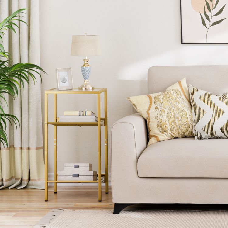 HOOBRO Beistelltisch Gold, Telefontisch, 3-stöckiger Nachttisch mit Platte aus gehärtetem Glas und Gitter, Sofatisch für Wohnzimmer, Schlafzimmer