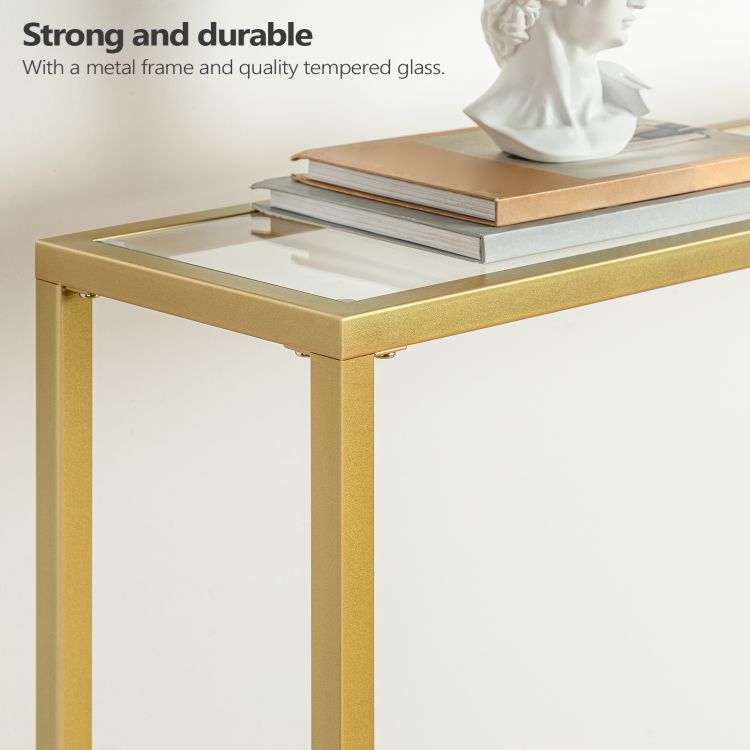 HOOBRO Konsolentisch mit Ablagen, 100 cm Beistelltisch, Hartglas, Eingangstisch, moderner Sofatisch, Ausstellungstisch, Metallgestell, für Wohnzimmer, Flur
