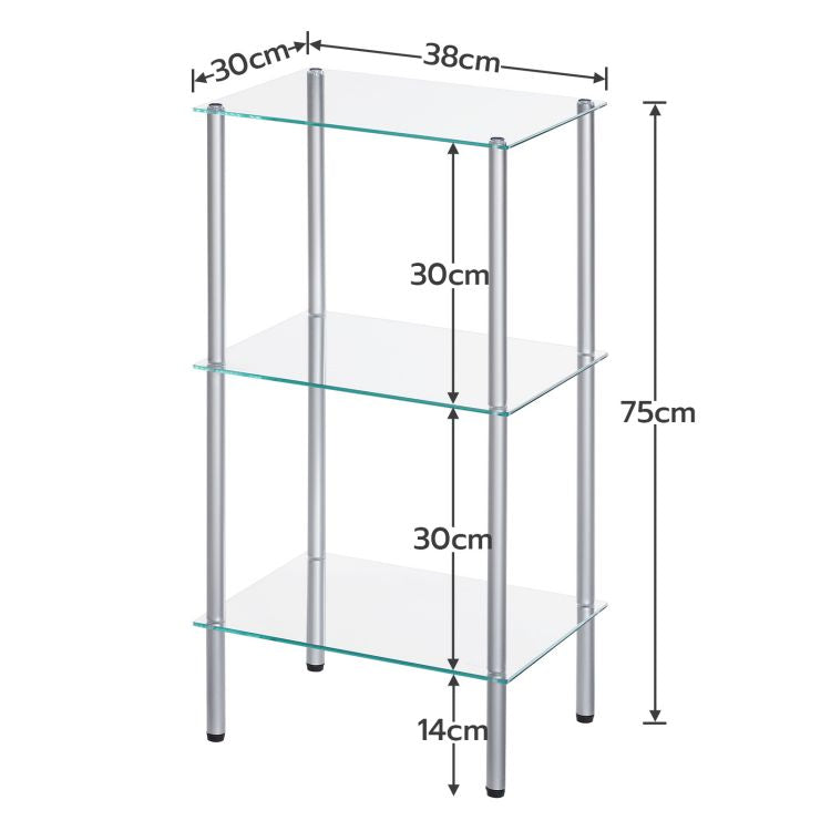 HOOBRO Glas Regal, 3 Etagen-Standregal, Robuster Glasregalständer für kleine Räume, Platzsparend, für Badezimmer, Schlafzimmer, Heimbüro, Gehärtetes Glas, Stahlrahmen