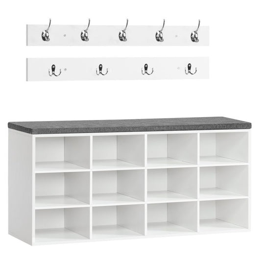 HOOBRO Garderobe Schuhregal Set, Schuhbank mit 12 Fächern, Schuhregal mit gepolsterter Sitzbank, Wandgarderobe mit 9 Haken, Schuhschrank für Flur, Eingangsbereich Schlafzimmer