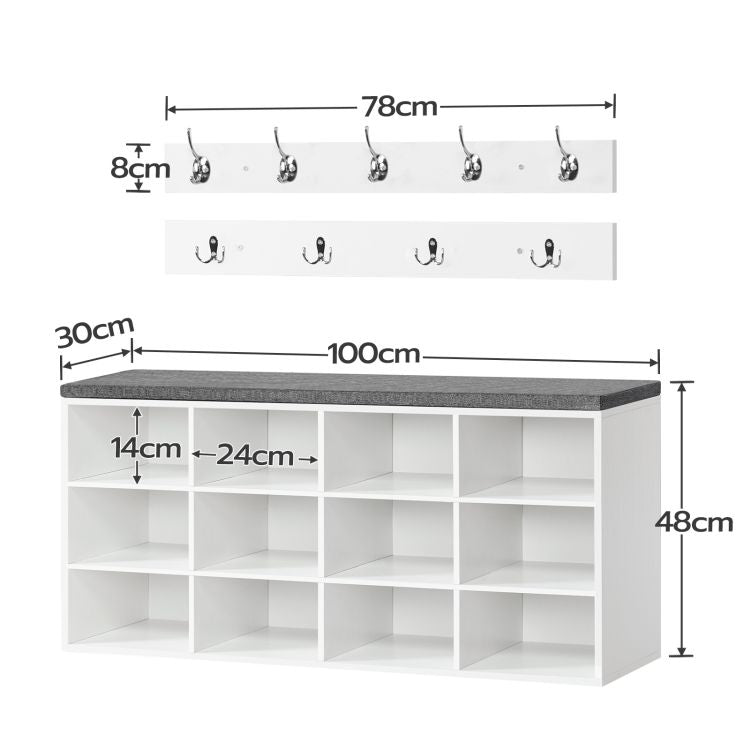 HOOBRO Garderobe Schuhregal Set, Schuhbank mit 12 Fächern, Schuhregal mit gepolsterter Sitzbank, Wandgarderobe mit 9 Haken, Schuhschrank für Flur, Eingangsbereich Schlafzimmer